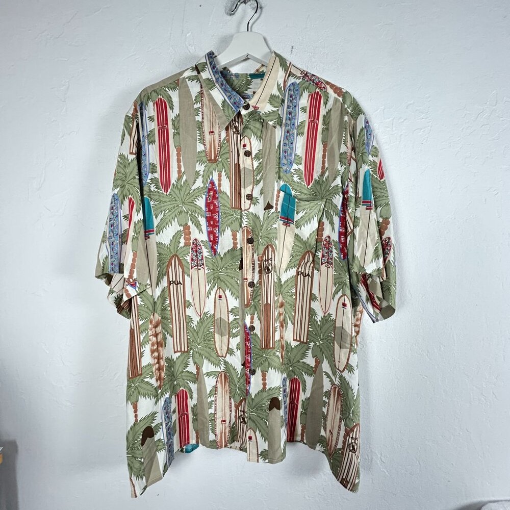 Reyn Spooner Mens XL Hawaiian Surfboard Spun Rayon Camp Shirt XL Button Up Green